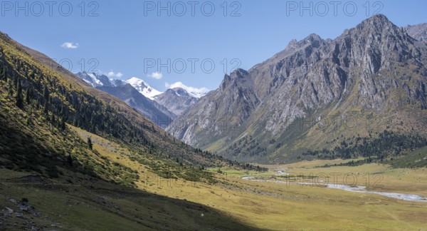Picturesque mountain valley, mountain landscape with white mountain peaks, Tian Shan Mountains,