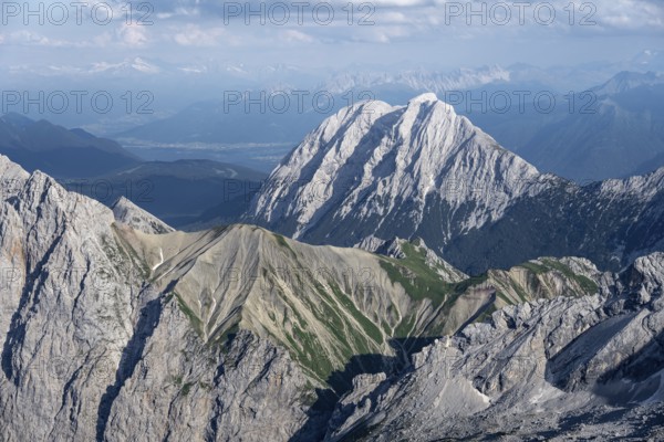 View of mountain peaks of the Hohe Munde, Mieminger Kette, view from the summit of the Zugspitze,