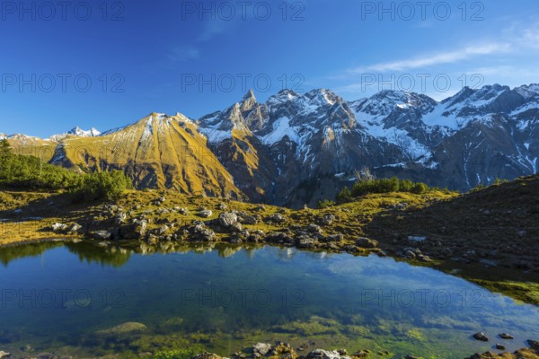 Panorama of Lake Gugger See, central main ridge of the Allgäu Alps, Allgäu, Bavaria, Germany,