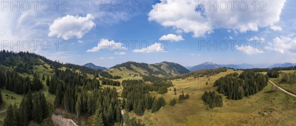 Drone shot of the Illingeralm with a view of the Pillsteinhöhe and Zwölferhorn, Osterhorn group,