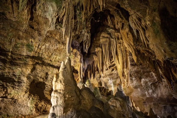 Stalagmites and stalactites in a cave, Devil's Cave Pottenstein, Franconian Switzerland, Franconia,