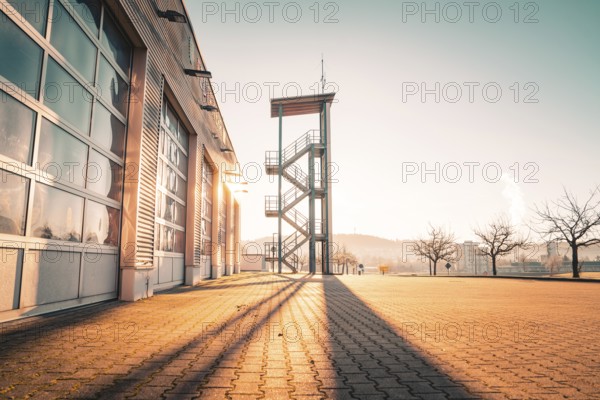 Municipal fire station with striking training tower in the sunlight, Althengstett, district of