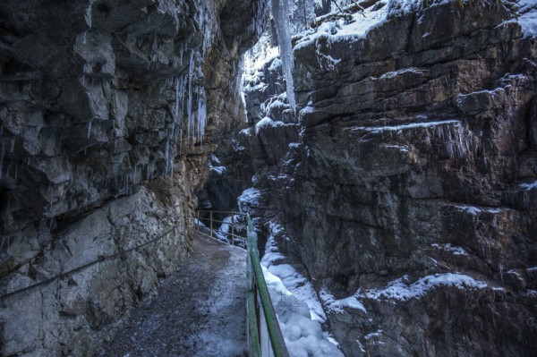 Winter, snowy landscape, icicles, hiking trail through the Breitachklamm gorge near Oberstdorf,