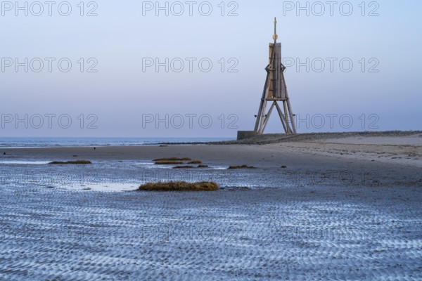 Kugelbake, landmark, twilight, low tide, North Sea, Lower Saxony Wadden Sea National Park,
