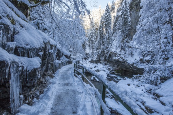Winter, snowy landscape, river Breitach and hiking trail through the Breitachklamm gorge near