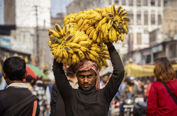 A labourer carries bananas on head in a market, on the day of the presentation of Union Budget, in