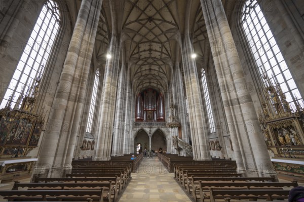 Interior with organ loft, organ built in 1997, late Gothic hall church of St George, Dinkelsbühl,