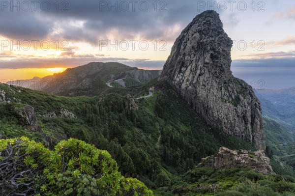 View of the Roque de Agando rock tower, one of La Gomera's landmarks, from the Mirador Roque de