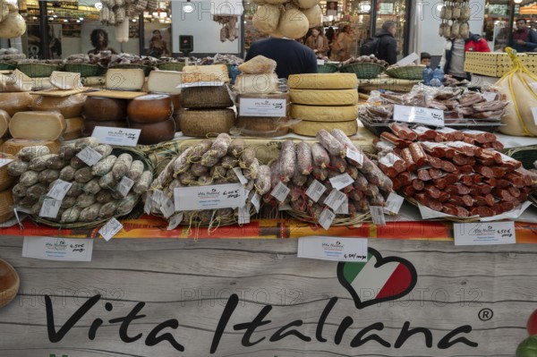 Italian cheese and sausage offer during the Italian weeks in Nuremberg, Middle Franconia, Bavaria,