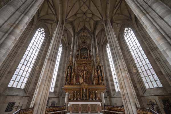 High altar, completed in 1642, replaced by neo-Gothic carvings in 1856, late Gothic hall church of
