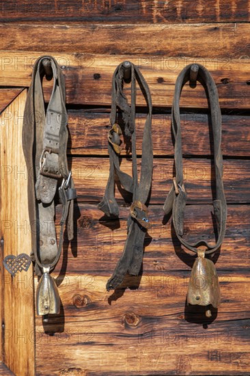 The Ladiz-Alm, the high alpine pasture of the Eng-Alm, old cow bells on the hut wall, Ladiz-Alm,