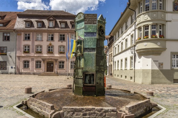 Minster Fountain and the Old Villingen Town Hall on Münsterplatz in Villingen-Schwenningen, Black