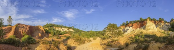 Panorama of the ochre rocks Colorado de Rustrel Rustrel, Département Vaucluse, France, Europe