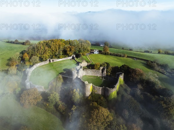 White Castle in the fog at dawn, Monmouthshire, Wales, England, United Kingdom, Europe
