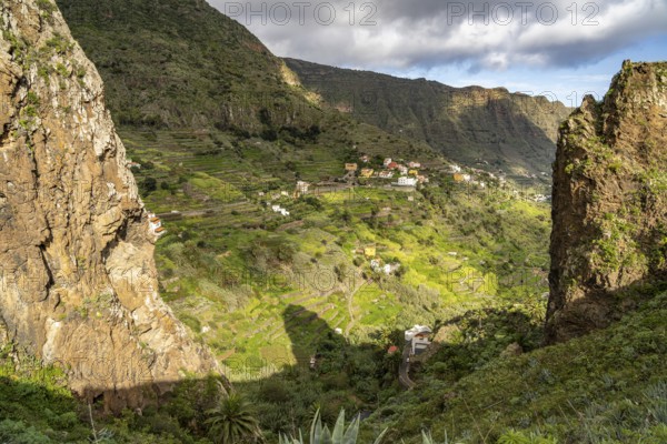 Twin rocks Roques de San Pedro, landmark of Hermigua, La Gomera, Canary Islands, Spain, Europe
