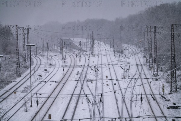 Winter weather, heavy snowfall, railway tracks in front of Essen Central Station, North