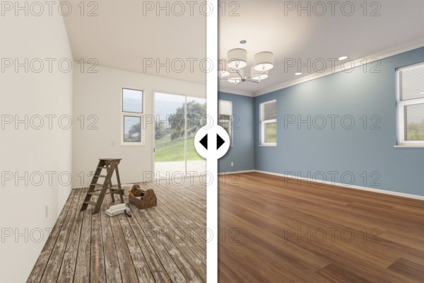Before and after slider comparing the unfinished condition and the completed light blue painted and