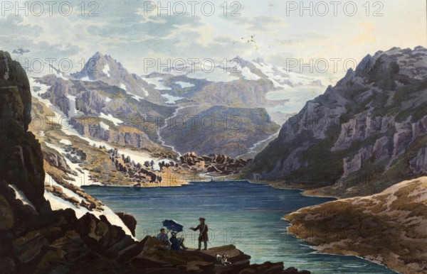 View of the source of the Anterior Rhine, Lake Toma, on Mount Badus, Canton Graubünden in the Swiss