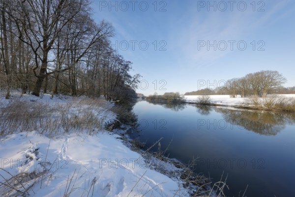 Dorsten, North Rhine-Westphalia, Germany - Sunny winter landscape in the Ruhr area, ice and snow on
