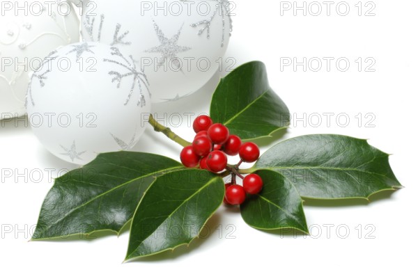 Holly branch and Christmas baubles