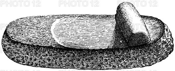 Hand mill for grain at the time of the prehistoric pile dwellings, material stone roll and stone