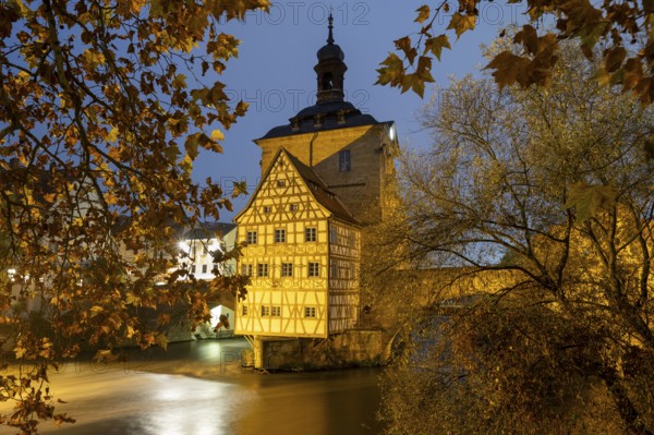 The old town hall on the river Regnitz, Blue Hour, Bamberg, Upper Franconia, Bavaria, Germany,