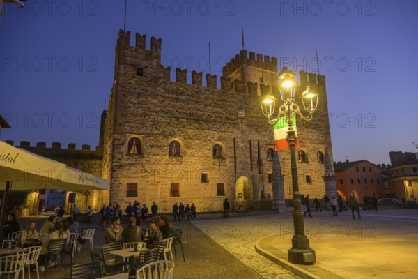 Main square with castle at dusk, Marostica, Province of Vicenza, Italy, Europe