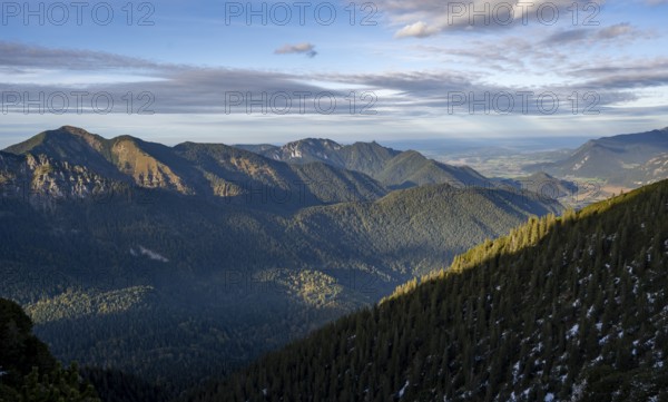 Forest-covered mountain landscape of the Ammergau Alps, hike to Kramerspitz, in autumn, Ammergau