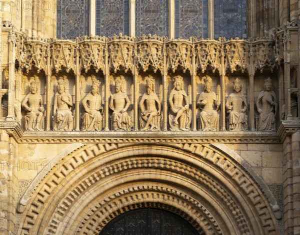 Carved stonework figures of kings, Gallery of Kings, frontage of cathedral church, Lincoln,