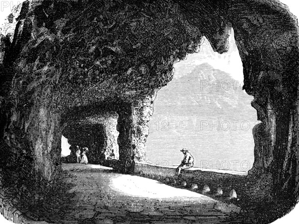 Tunnel of the Axenstrasse at Axenberg and Lake Uri, a connection between the Swiss towns of Brunnen