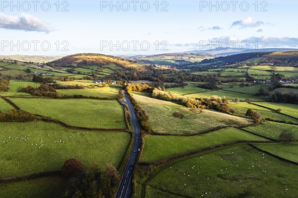 Farms over Trecastle from a drone at sunset, Brecon Beacons National Park, Powys, Wales, England,