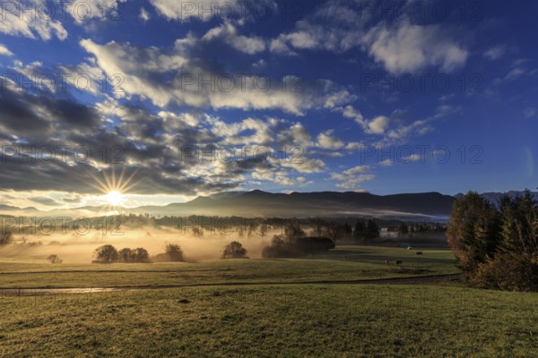 Foggy mood, morning light, mountains, summer, clouds, sunbeams, sunrise, Murnau, view of