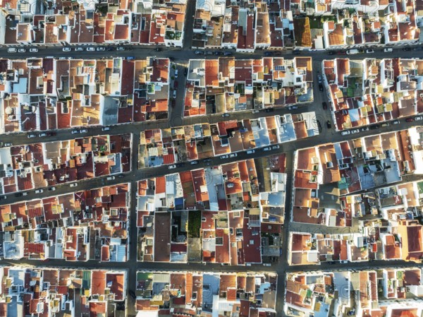 Streets and rooftops in the town of Isla Cristina. Aerial view. Drone shot. Huelva province,