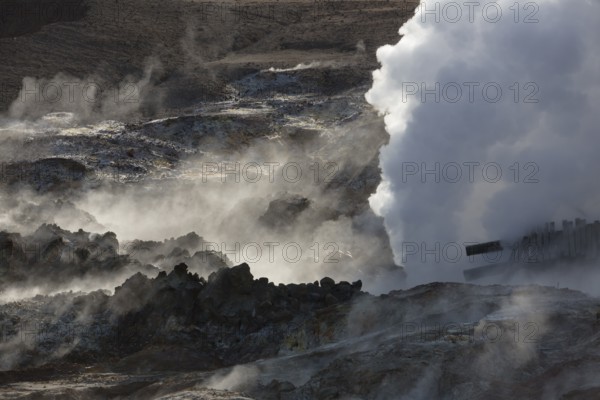 Steam evaporating of the ground at Gunnuhver, close to Reykjanes lighthouse. Gunnuhver is the heart