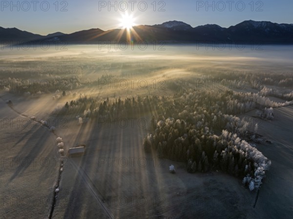 Sunrise, fog, hoarfrost, mountains, winter, forest, backlight, aerial view, Loisach-Lake Kochel