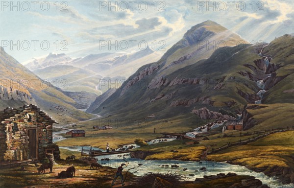 View of the union of the two sources of the Anterior Rhine, those of Mont Badus and Crispalt, taken