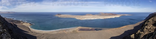 Panoramic view of the island of La Graciosa and the surrounding sea, Canary Islands, Lanzarote,