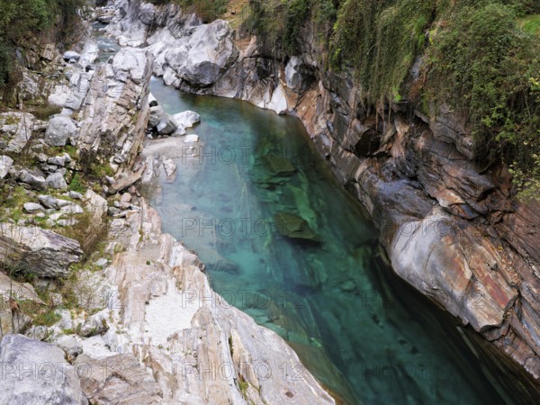 Clear water and rock formations in the Verzasca River, near Lavertezzo, Verzasca Valley, Valle