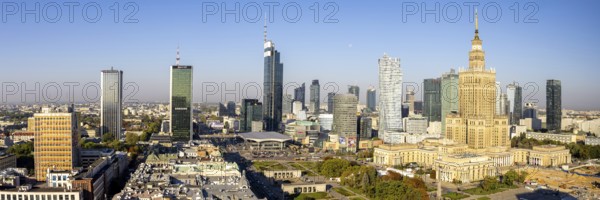Warsaw skyline panorama skyscrapers with Palace of Culture in the city centre in Warsaw, Poland,