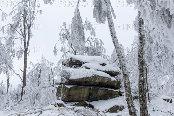 Rock formation with hoarfrost and snow on the summit of the Czorneboh, Lusatian Mountains, Upper