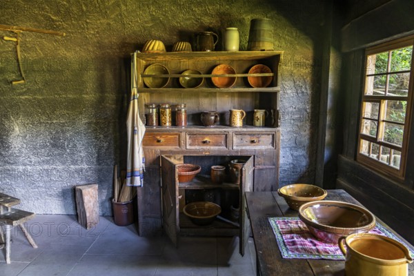 Kitchen of a historic farmhouse in the Black Forest Open-Air Museum Vogtsbauernhof, Black Forest,