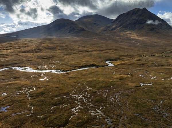 Morning light, cloudy mood, sunbeams, river, moor, mountain landscape, aerial view, autumn, Glen