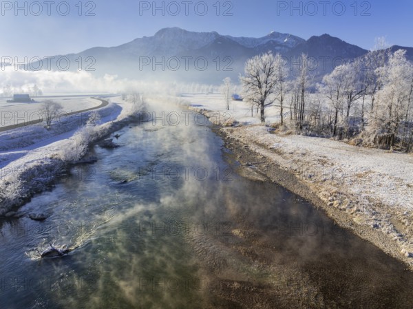 River, morning light, fog, hoarfrost, mountains, winter, snow, aerial view, Loisach, view of