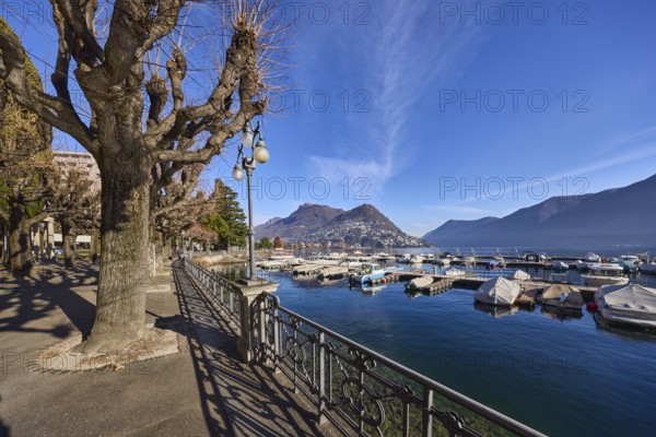 Lakeside promenade, metal railing, lantern, lake, shade, trees, marina, motorboats, mountains, Lake