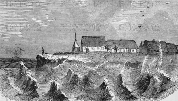 North Frisian Hallig during storm, high swell, thatched roof houses, church with free-standing