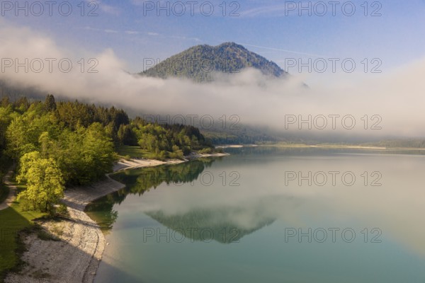 Early morning at the Sylvenstein reservoir, Reservoir in the Isarwinkel, municipality of Lenggries,