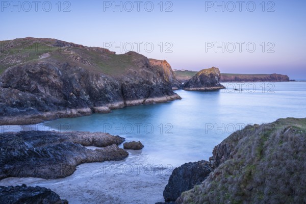 Coastal landscape in Kynance Cove. In the evening at sunset. Long exposure. Kynance Cove, Lizard