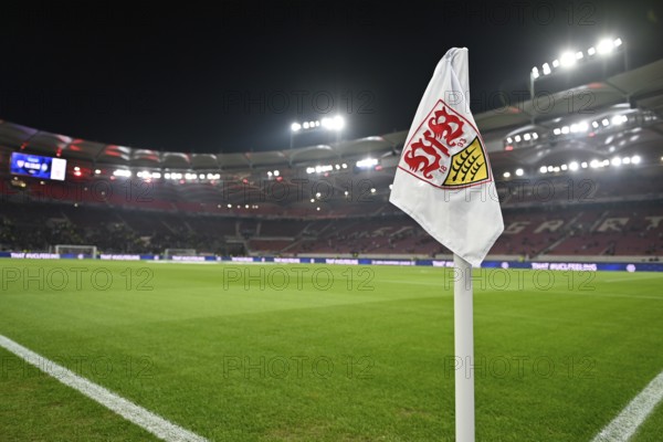 Overview, corner flag, logo, VfB Stuttgart, floodlight, Champions League, MHPArena, MHP Arena