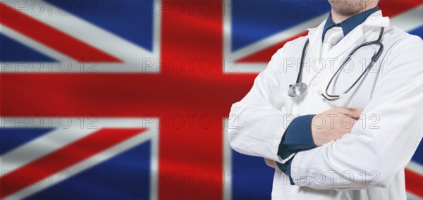 UK Health and Care concept. Professional doctor on British flag. Doctor with crossed arms on