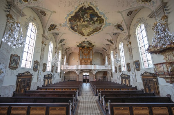 Interior with organ loft of the baroque St Martin's Church, organ from 1768, Riegel am Kaiserstuhl,